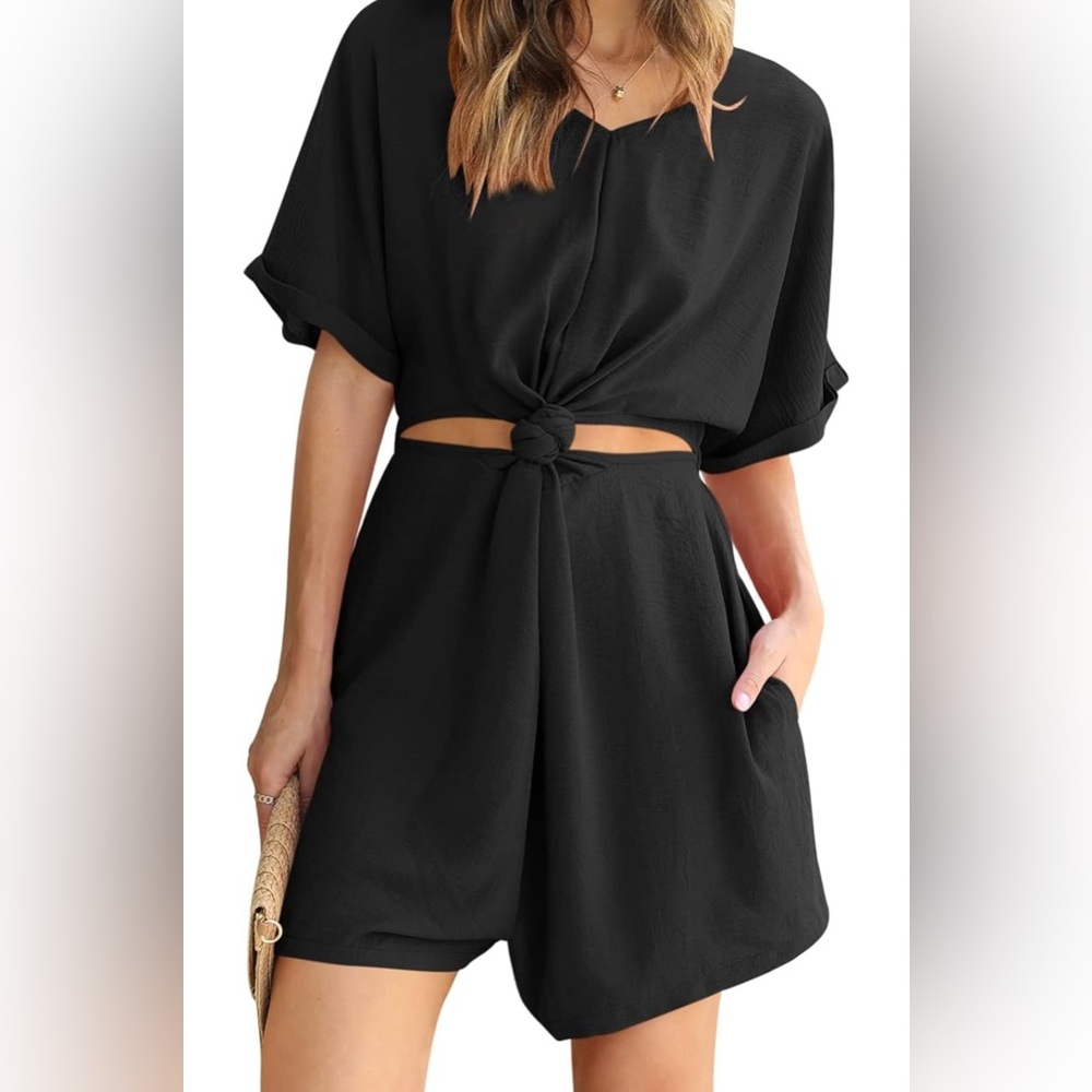 DEEP SELF Women’s Summer Short Sleeve Rompers Casual V Neck Knot Front Cut